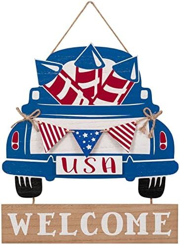 DECSPAS 4th of July Decorations Outdoor, Blue Truck American Flag Ornaments 4th of July Decor for... | Amazon (US)