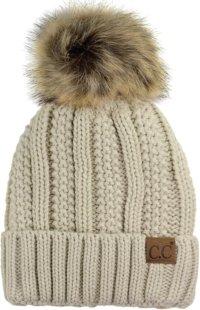 C.C Thick Cable Knit Faux Fuzzy Fur Pom Fleece Lined Skull Cap Cuff Beanie | Amazon (US)