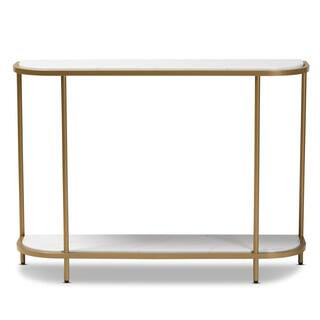Dominic 44 in. White/Gold Standard Rectangle Marble Console Table with Storage | The Home Depot