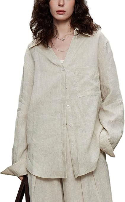 Women's 100% Linen Shirt Button Down Roll Up Long Sleeve Collared Casual Top Summer Vacation Beac... | Amazon (US)