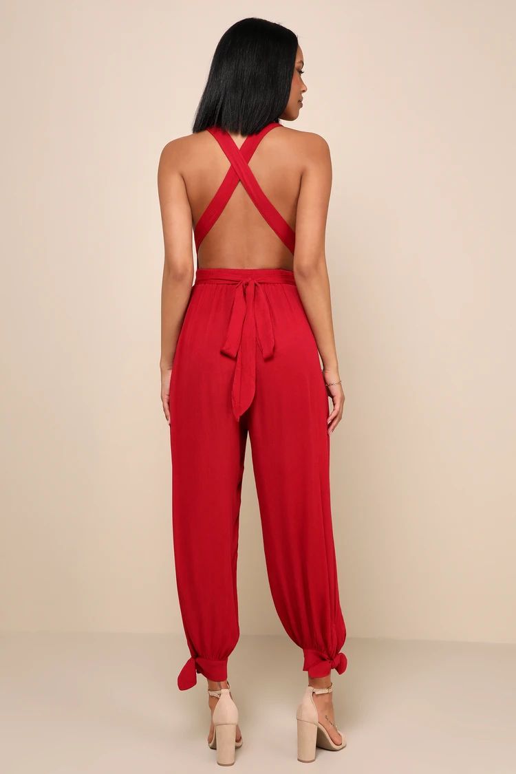 Lolinda Berry Red Convertible Halter Jumpsuit | Lulus