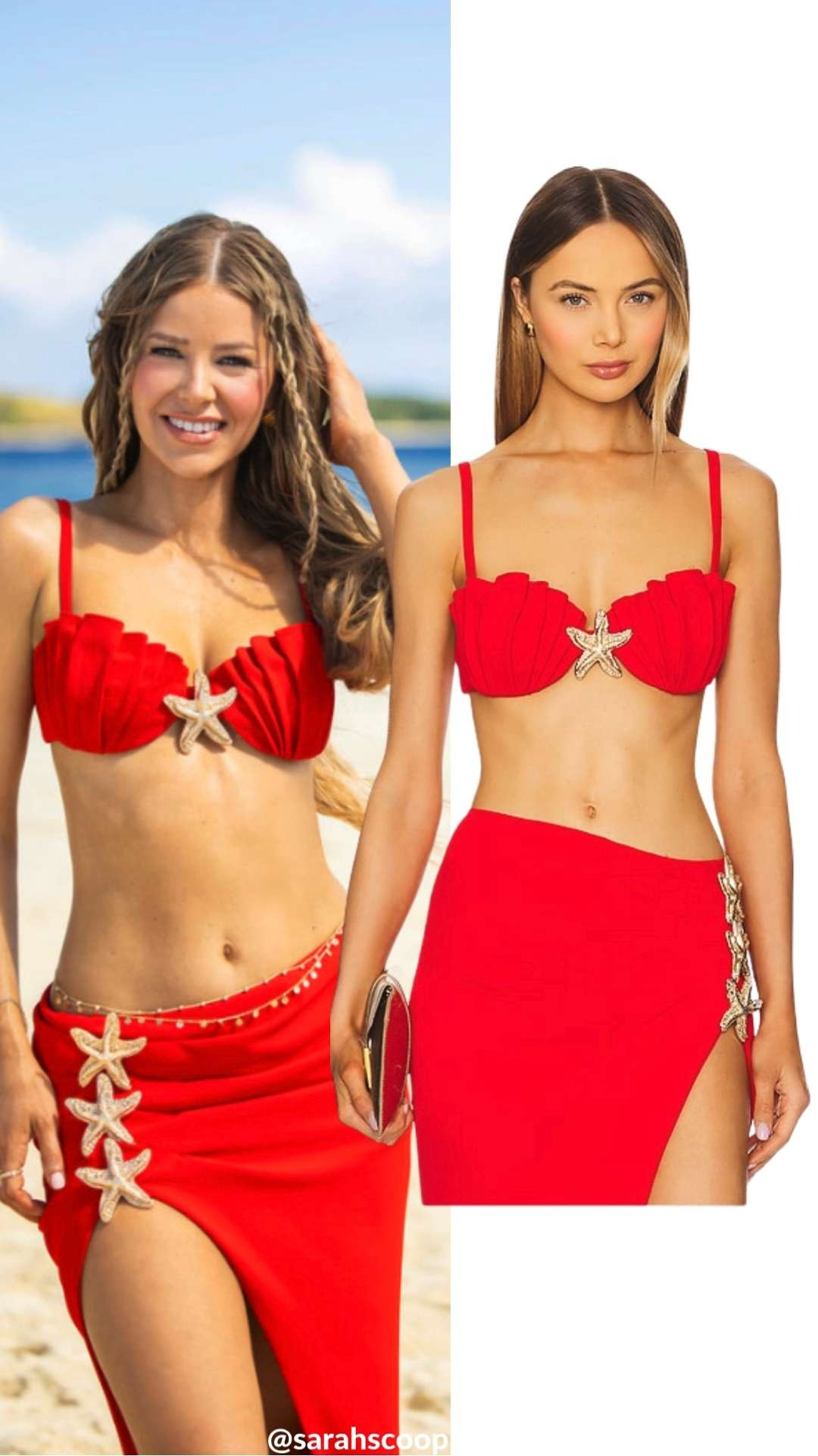 Throwing it back to when Ariana Madix started this season off looking like a siren! In a firey red two-piece with a seashell inspired cups and a glittering starfish centerpiece. We can't forget about the matching high-slit skirt complete with the starfish embellishments. This look still has us hooked! 

 #LoveIsland #LoiveIslandLooks #LoveIslandStyle #LTKSummerEdit #LTKStyleTip #LTKTravel