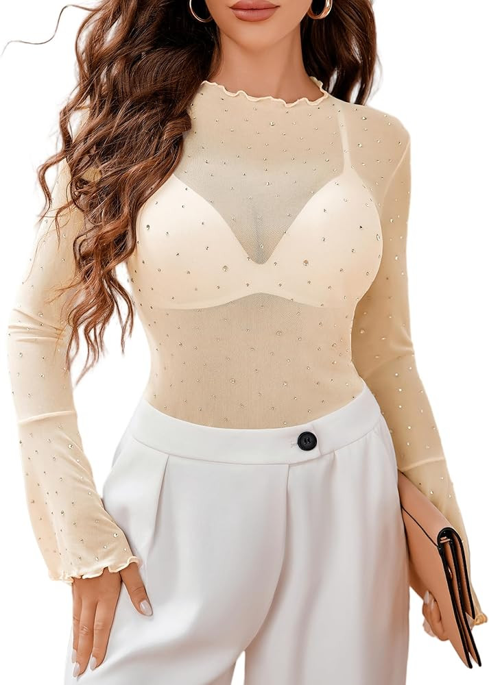Avidlove Women Mesh Tops Rhinestone Tops Long Bell Sleeve Blouses Glitter Shirts Sexy Clubwear Ou... | Amazon (US)