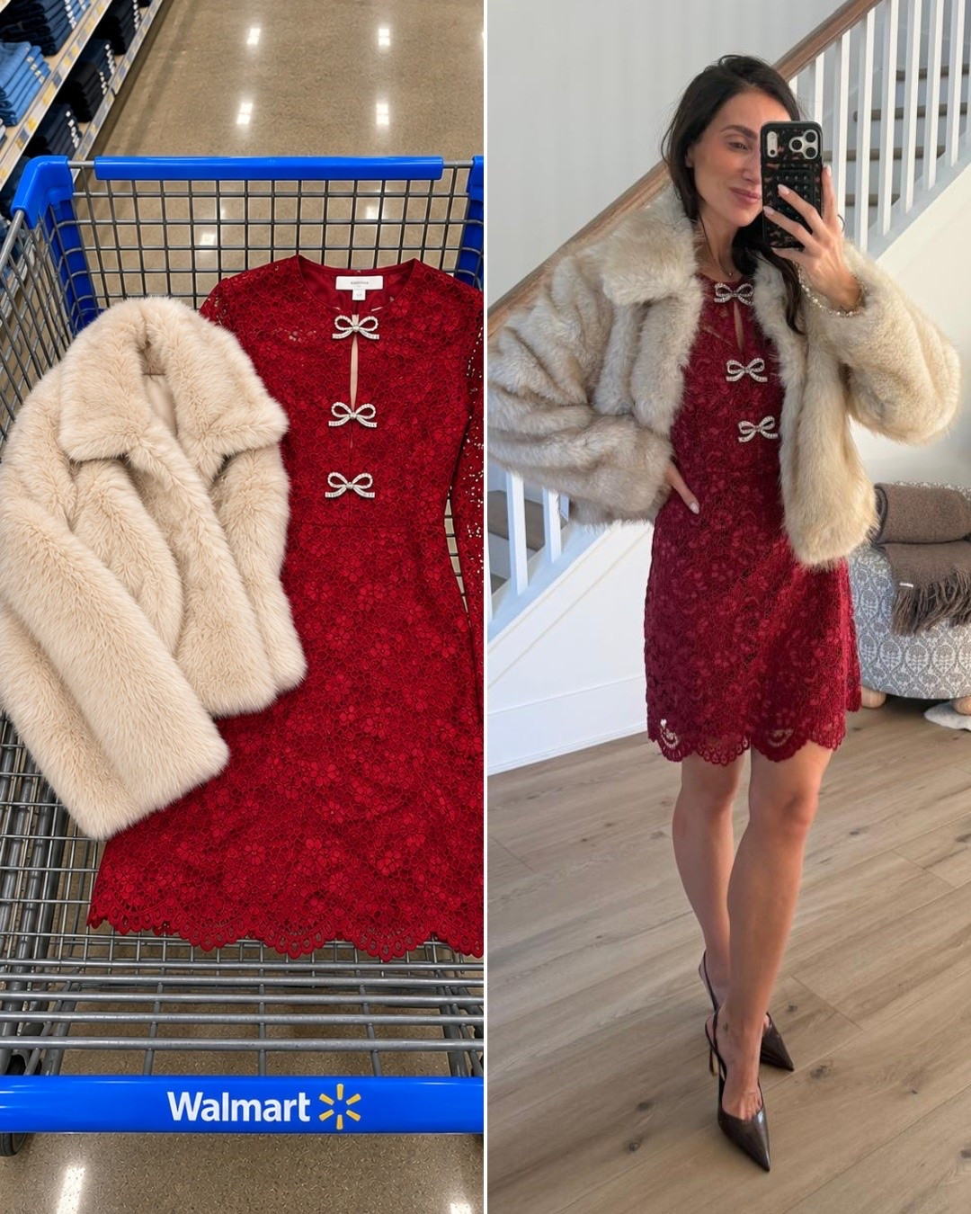 The cutest Walmart holiday outfit! ❤️ This red lace bow dress paired with a cozy faux fur jacket is perfect for Thanksgiving, holiday parties, and Christmas celebrations!

I'm wearing dress in size XS, jacket size XS/S

Thanksgiving outfit, holiday party outfit, Christmas outfit ideas, Walmart fashion finds, red lace dress, faux fur jacket, festive holiday style, affordable holiday fashion, holiday date night, winter outfit ideas