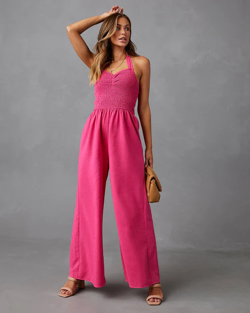 Dovie Smocked Halter Jumpsuit - Pink | VICI