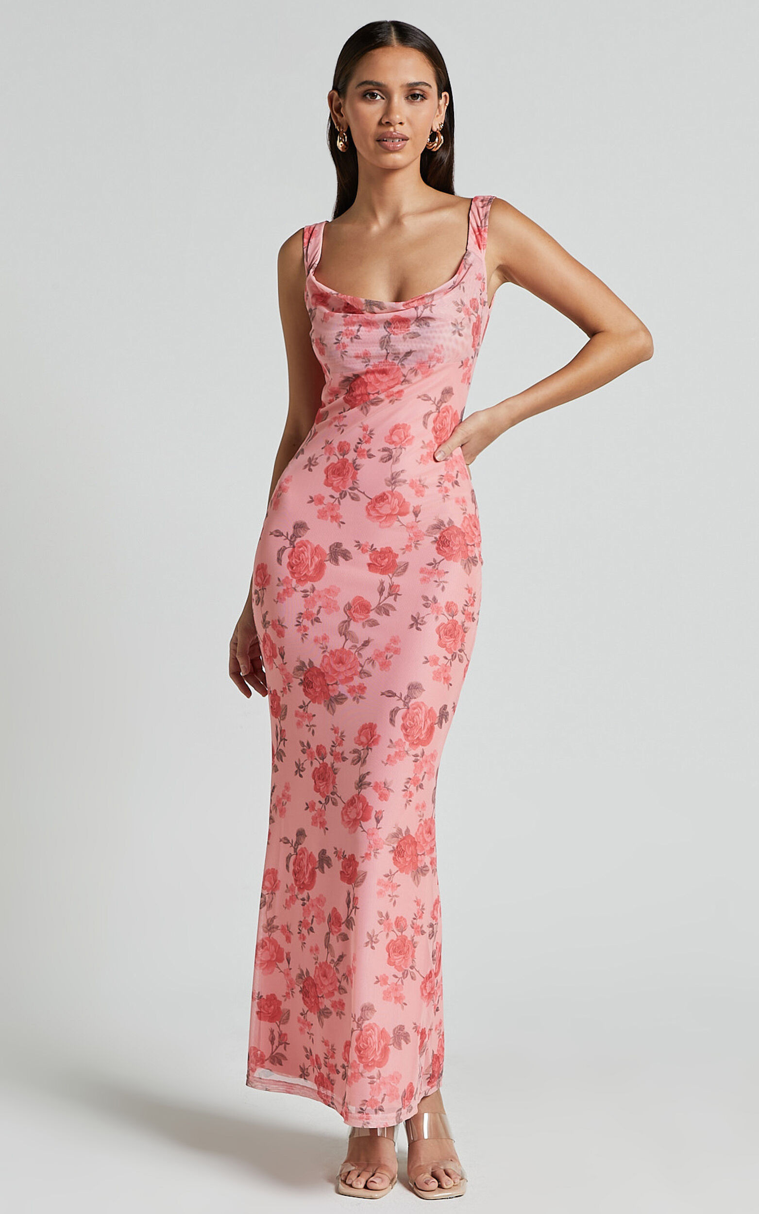 Nadine Maxi Dress - Cowl Neck Low Back Mesh Slip Dress in Pink Floral | Showpo (US, UK & Europe)