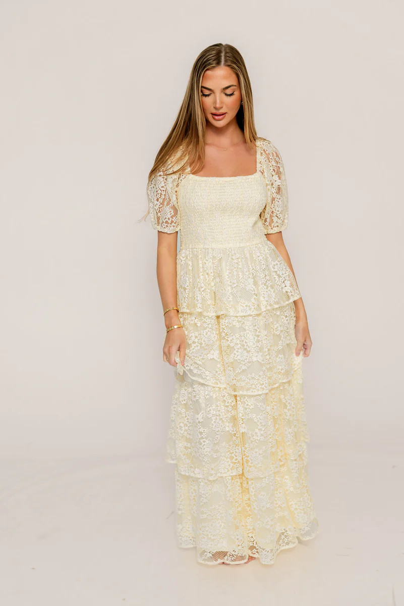 Athena Lace Tiered Smocked Maxi Dress in Butter Cream - Bump Friendly | Worth Collective