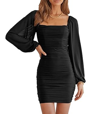 MASCOMODA Women Elegant Square Neck Lantern Long Sleeve Mini Ruched Bodycon Dress Stretch Mesh Sl... | Amazon (US)
