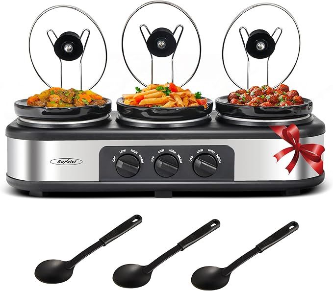1.5 Quart Triple Buffet Server Food Warmer with Adjustable Temperature Control, 3 Slow Cooker Pot... | Amazon (US)