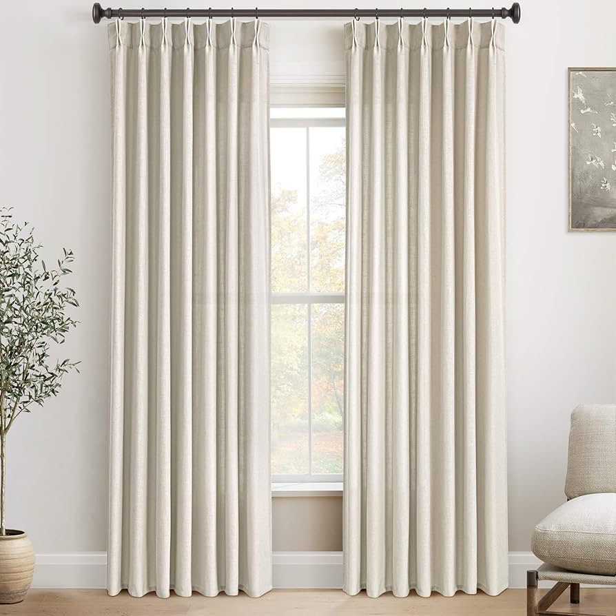 90 Inch Linen Curtains 2 Panel Set for Living Room Natural Beige Pinch Pleat Curtain Memory Train... | Amazon (US)