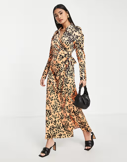 Vero Moda satin wrap front midi dress in orange print | ASOS (Global)
