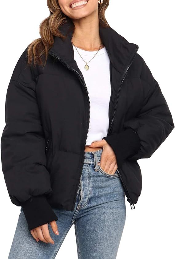 MEROKEETY Women's Winter Long Sleeve Zip Puffer Jacket Pockets Baggy Short Down Coats | Amazon (US)