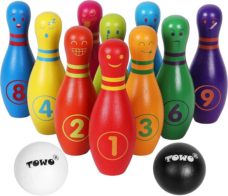 TOWO Wooden Skittles for Children - Wooden Skittle Set with Animal Faces and Numbers - 10 Pin Bow... | Amazon (US)