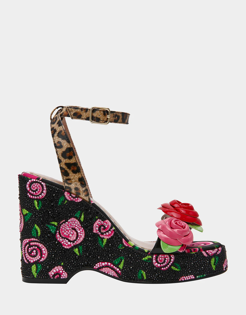 LIZZETE Black Rose Platform Flowers Embellished Women's Wedge Heel | Betsey Johnson