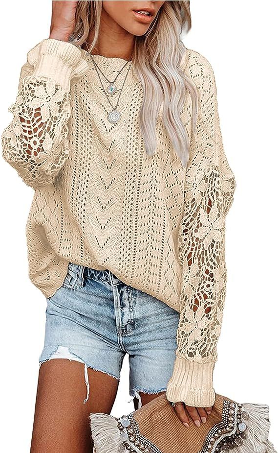 BTFBM Long Sleeve Hollow Out Sweater Casual Cute Crochet Lace Pointelle Knit Pullover Crew Neck L... | Amazon (US)