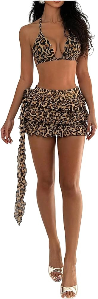 SOLY HUX Women's Leopard Bikini 3 Piece Swimsuits Halter High Cut Bathing Suit with Coverup Skirt... | Amazon (US)