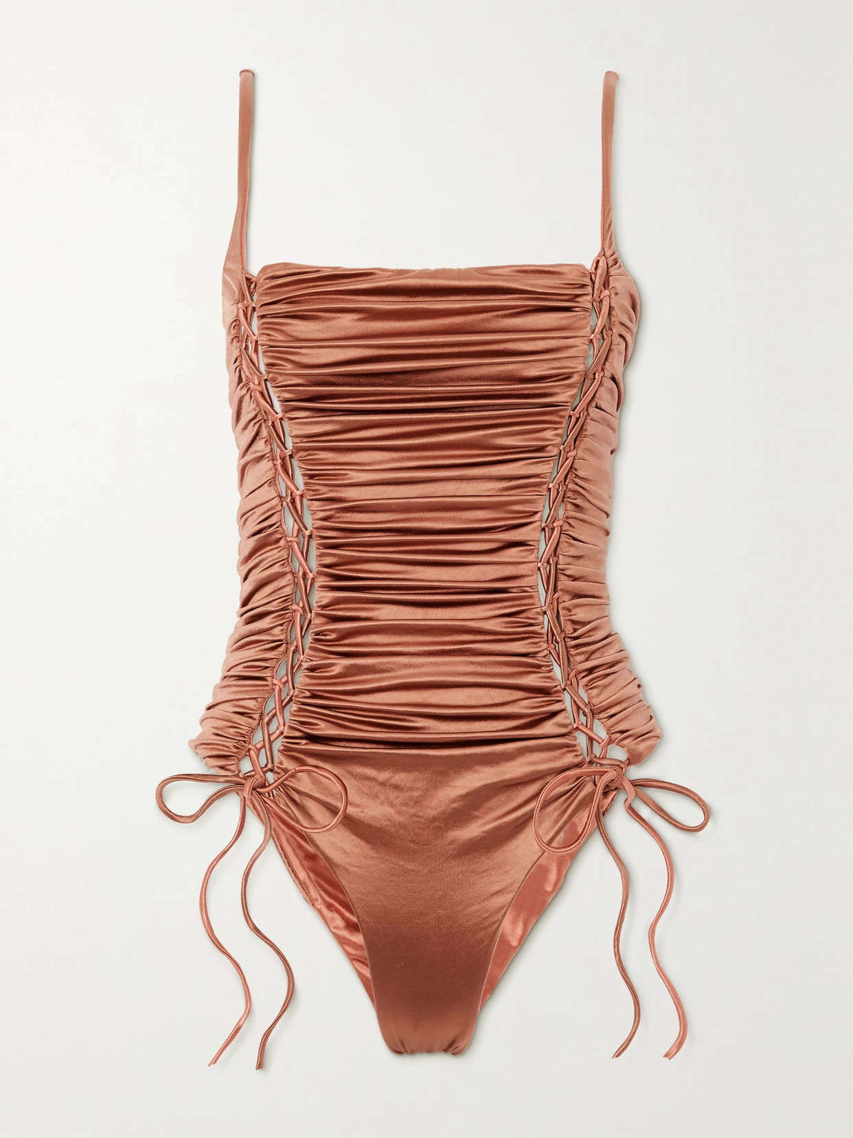 Isa Boulder - Ruched Stretch-satin Swimsuit - Brown | NET-A-PORTER (US)