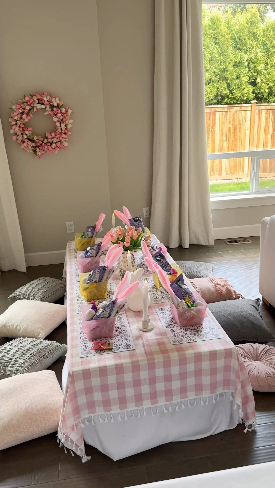 KIDS EASTER TABLE SETTING! 

Fillable Easter eggs, artificial tulips, colored pencils, bunny stickers and headbands, pink checkered tablecloth, Easter baskets, bunny decor, foldable table, candles, chocolate bunnies, fruit punch, storage tote, popcorn 

#LTKKids #LTKParties #LTKHome