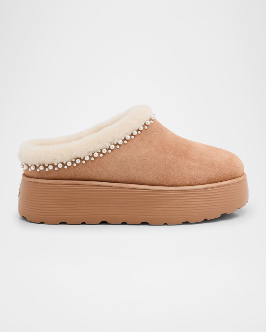 Stuart Weitzman Nellie Embellished Suede Flatform Mules | Neiman Marcus