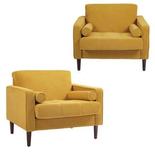 Mid-Century Modern Yellow Corduroy Fabric Upholstery Arm Chair with Wood Legs (Set of 2) | The Home Depot