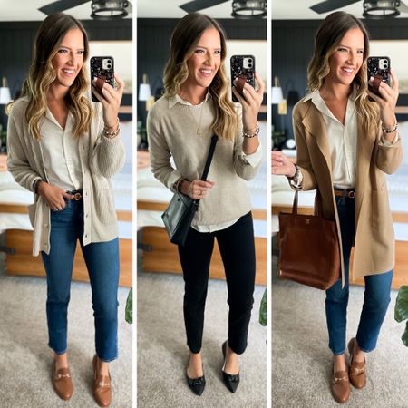 Fall Capsule Wardrobe 

Blouse - small
Cream cardigan - medium 
Dark wash jeans - 26 long
Cream sweater - medium 
Black jeans - 26 long 
Sweater blazer - small 
All shoes are tts 

#LTKstyletip #LTKunder100 #LTKFind