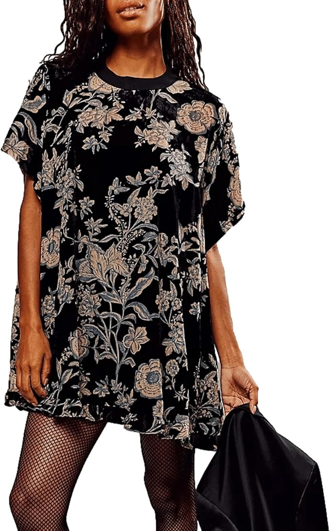 Women's Vintage Velvet Dress Round Neck Short Sleeve Floral Printed Mini Flowy Dress | Amazon (US)