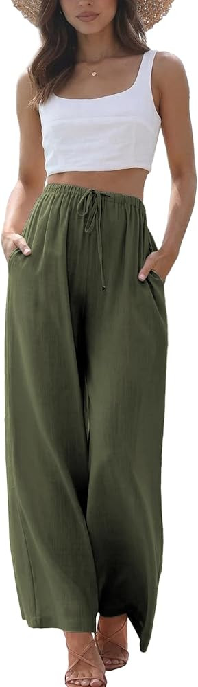 Duyang Womens Cotton Linen Palazzo Pants Drawstring Elastic Waist Casual Wide Leg Trousers with P... | Amazon (US)