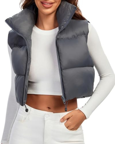 Fuinloth Women's Padded Vest, High Stand Collar Lightweight Zip Crop Puffy Gilet Charcoal L | Amazon (US)