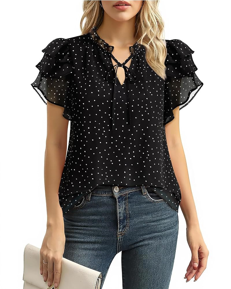 Lotusmile Summer Chiffon Dressy Casual Blouses Elegant Ruffle Short Sleeve Work Tops for Women Tr... | Amazon (US)