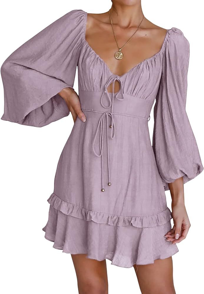 Febriajuce Women Puff Sleeve Dress Ruffle Cute Flowy Dresses Mini Fit and Flare Tie Front Dress | Amazon (US)