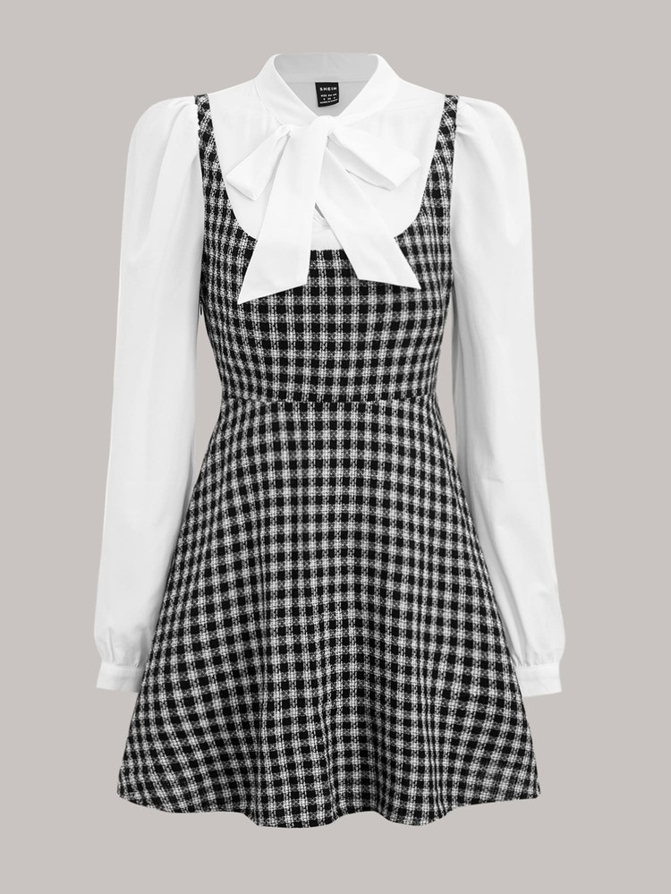 SHEIN EZwear Plaid Print Tie Neck Puff Sleeve Dress | SHEIN