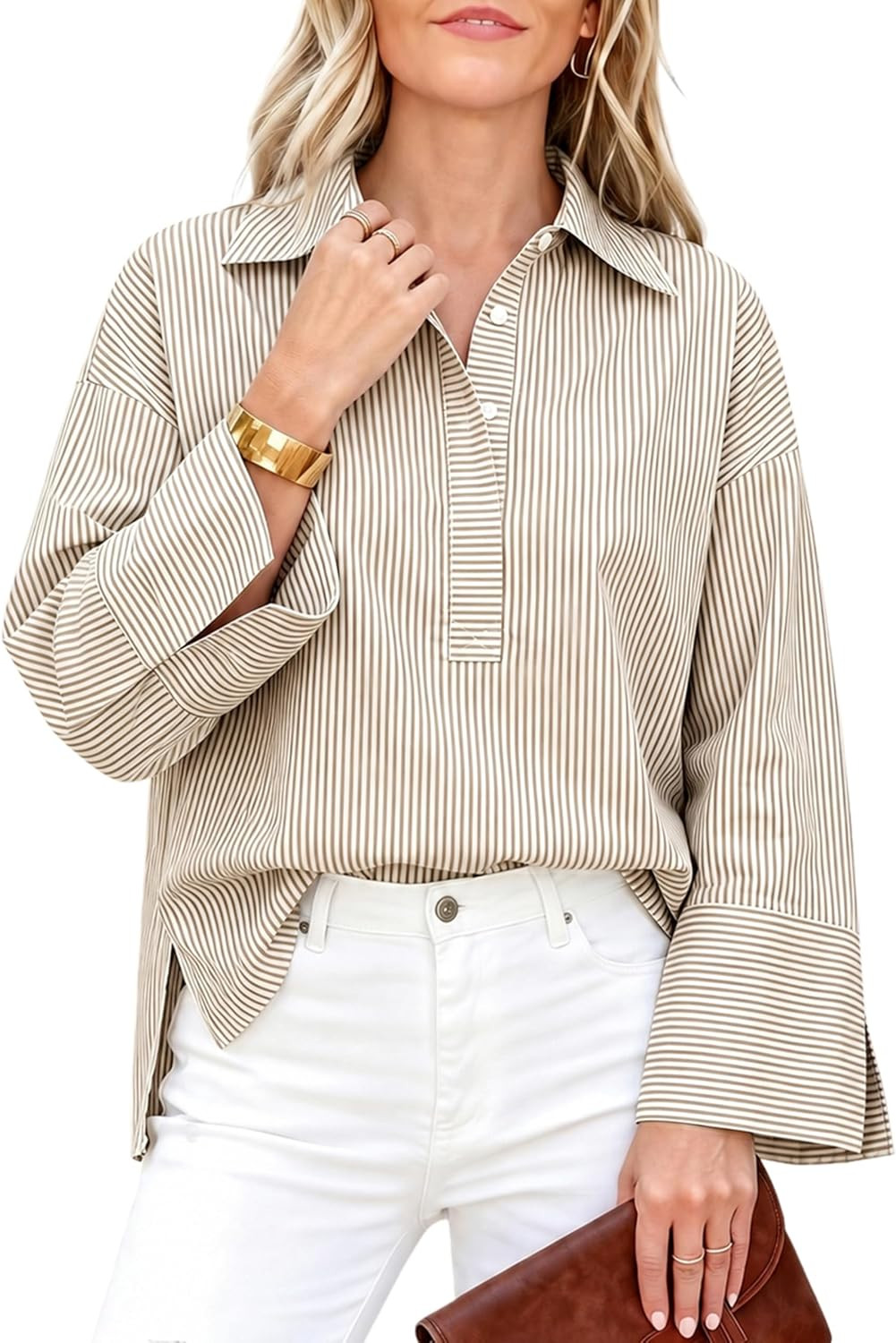 Watashi Women Button Down Shirt Striped Print Henley Shirts | Amazon (US)