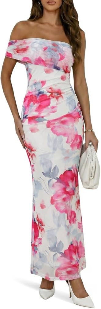 Wenrine Womens Off The Shoulder Dress Cocktail Summer Floral Maxi Mesh Casual Sleeveless Bodycon ... | Amazon (US)