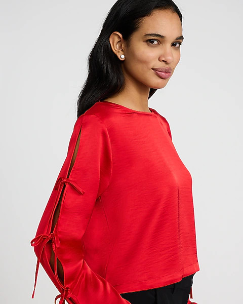 Satin Crew Neck Bow Long Sleeve Top | Express