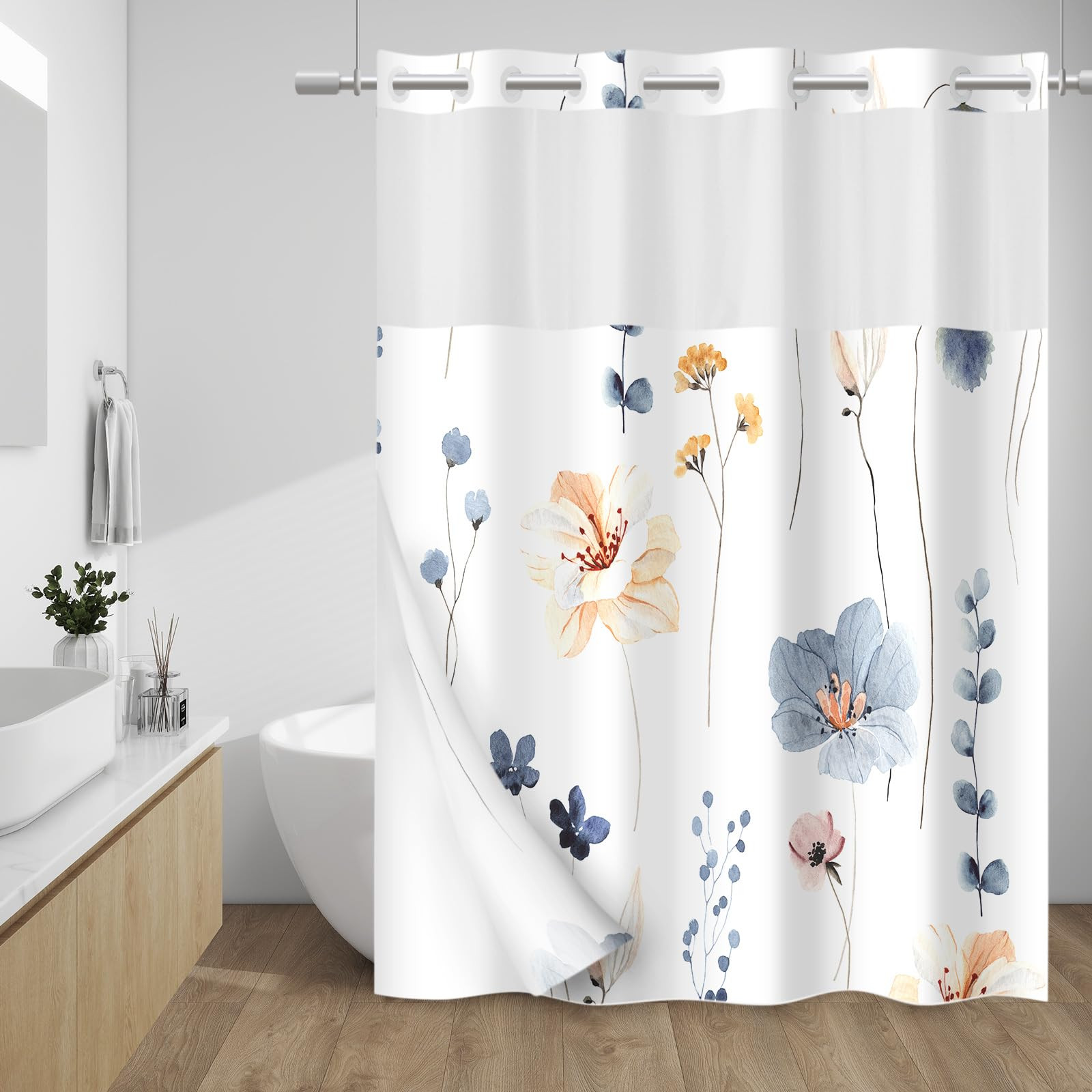 No Hook Shower Curtain with Snap in Liner - Watercolor Floral Shower Curtain - Fabric Waterproof ... | Amazon (US)