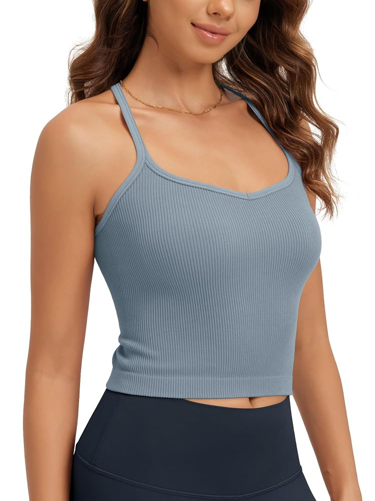 ODODOS Seamless Sweetheart Neck Crop Tank for Women Ribbed Strappy Racerback Cropped Cami Tops | Amazon (US)