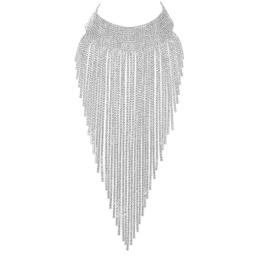Flyonce Rhinestone Statement Necklace for Women, Tassel Bib Choker Collar Chunky Costume Jewelry ... | Amazon (US)