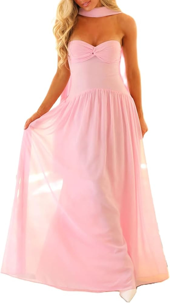 Womens Y2k Tube Strapless Pleated Maxi Dress with Scarf Maternity Silk Satin Formal Cocktail Ruff... | Amazon (US)