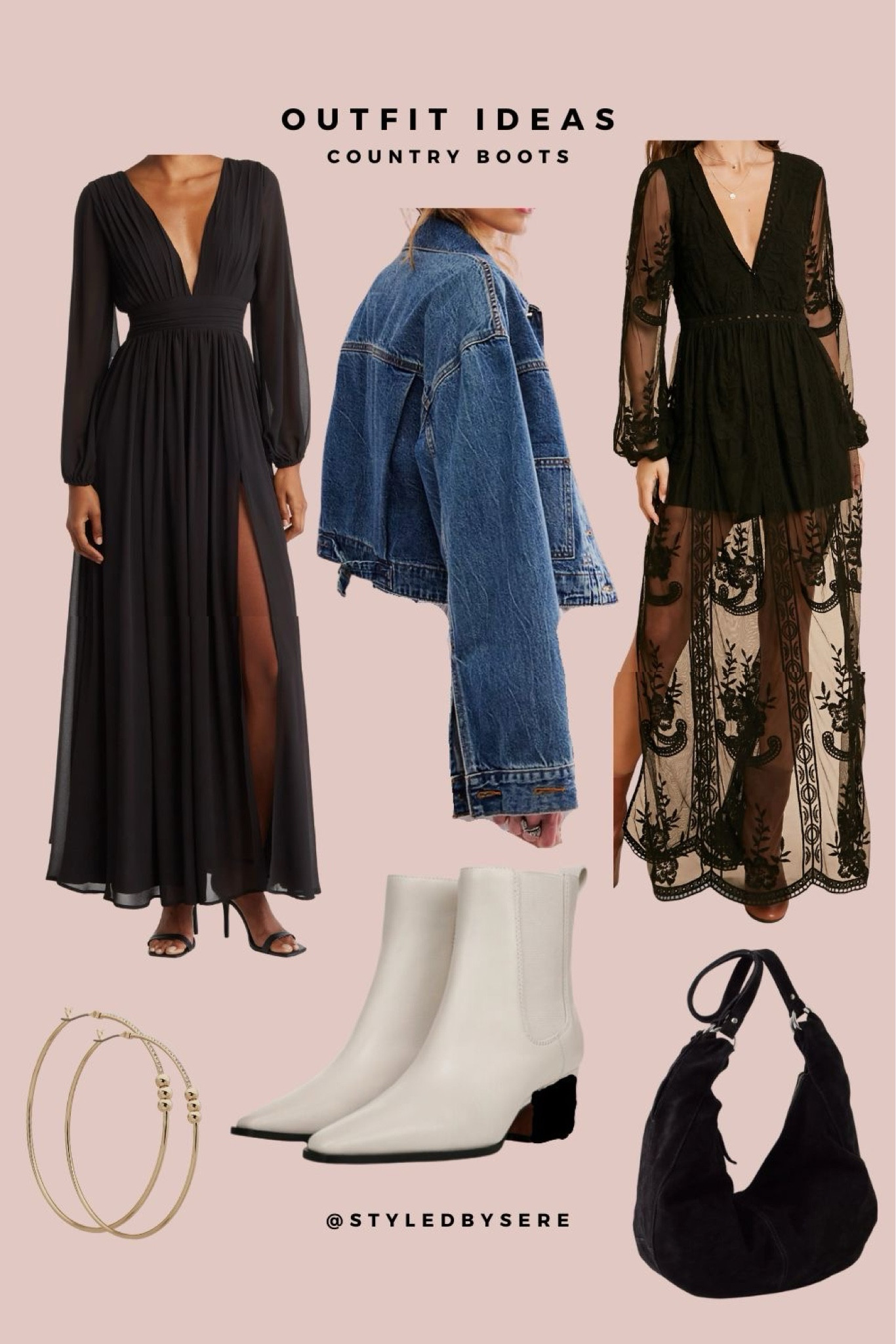 Country Style Glam
.

Dress glam in your off-white country boots with a long sheer black gown. Play up the black heels & sole with these dressy options. Add a unique denim jacket (waistline...not oversize), a suede hobo bag, and some simple hoop earrings and you're ready for a country glam event!

#LTKShoeCrush #LTKSummerSales #LTKParties