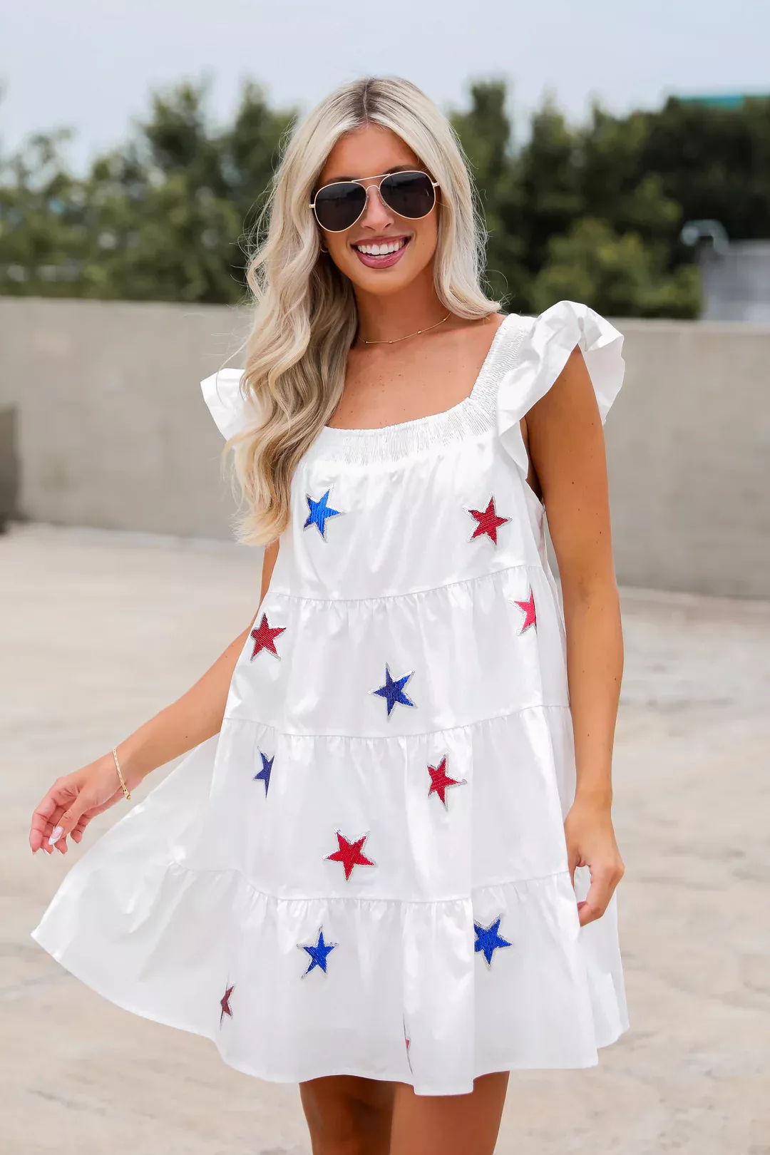 Sensationally Precious White Sequin Star Tiered Mini Dress | Dress Up