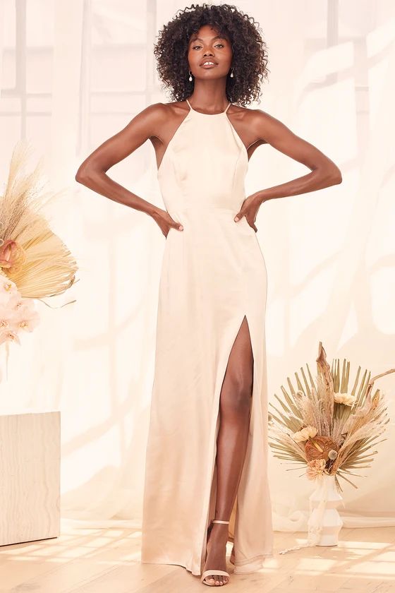 Make it Elegant Champagne Satin Strappy Maxi Dress | Lulus (US)