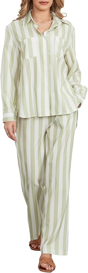 Women Striped Print 2 Piece Pajama Set Long Sleeve Lapel Collar Button Up Shirt Wide Leg Pant Y2K... | Amazon (US)