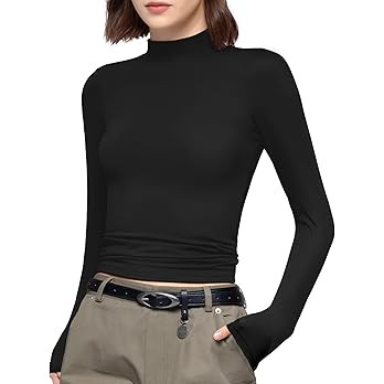 PUMIEY Women's Long Sleeve T Shirts Mock Turtleneck Slim Fit Tops Sexy Basic Tee Smoke Cloud Pro ... | Amazon (US)