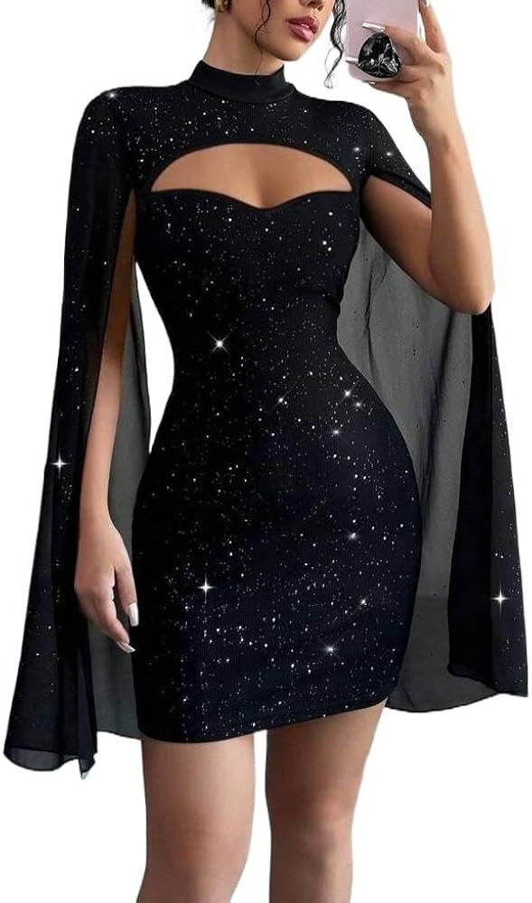 Women's Sequin Cloak Sleeve Dress Mock Neck Cocktail Long Flowy Sleeves for Going Out Fromal Prom... | Amazon (US)