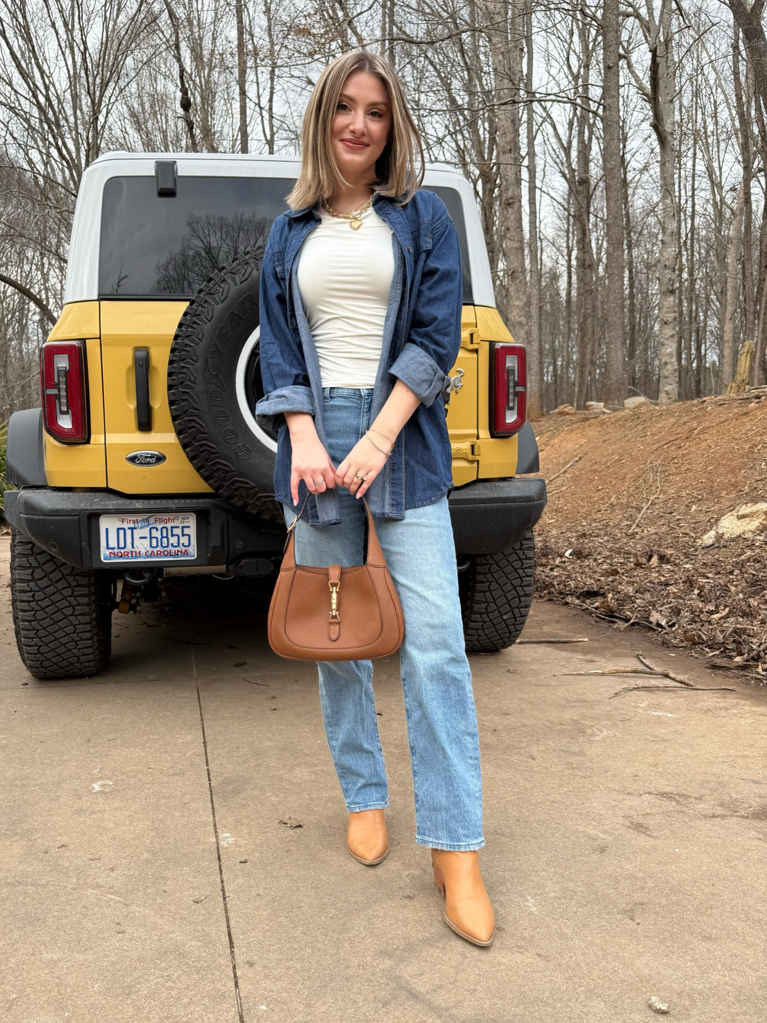 Madewell jeans
Denim chambre button up shirt from Sofia Vergara Walmart line 
Double lined t shirt from Amazon 
Gucci Jackie 

#LTKMostLoved #LTKNYFW #LTKStyleTip