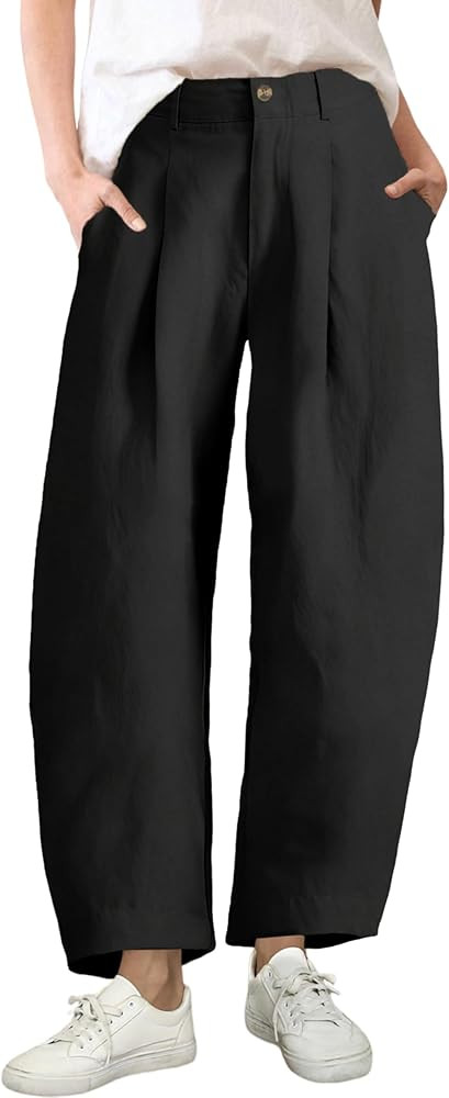 Himosyber Womens Linen Pants Barrel Wide Leg Capri Pants Casual Baggy High Waisted Summer Beach P... | Amazon (US)