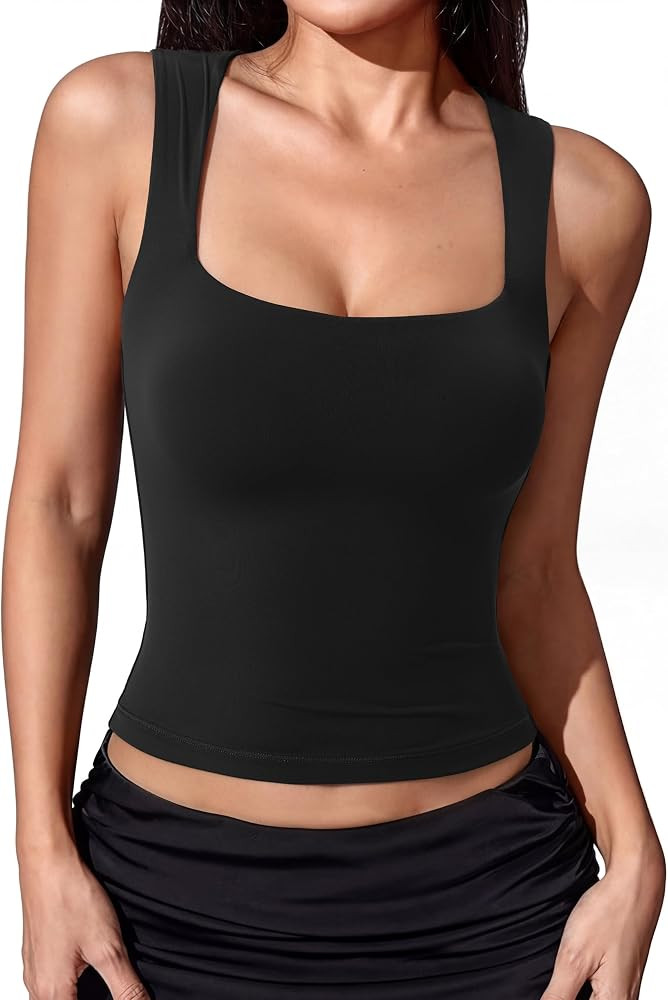 SUUKSESS Women Double Lined Square Neck Crop Tank Top Sleeveless Basic Y2k Tops | Amazon (US)