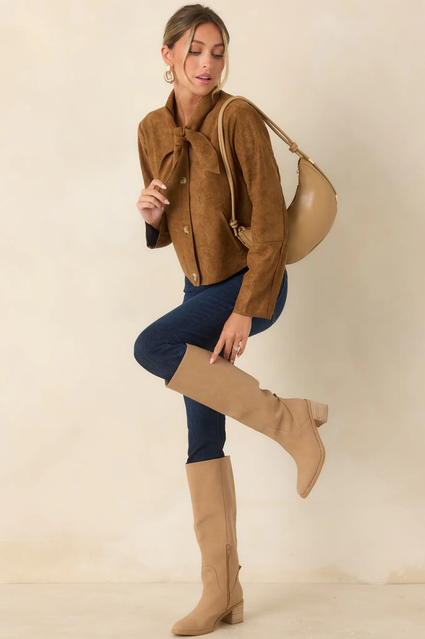 Tied to the Occasion Camel Faux Suede Tie Neck Jacket | Red Dress