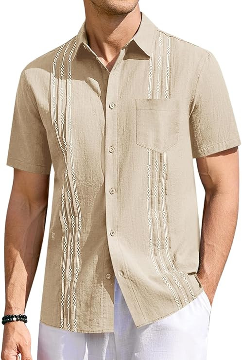 Runcati Mens Linen Shirt Guayabera Cuban Short Sleeve Button Down Summer Beach Hippie Shirts | Amazon (US)