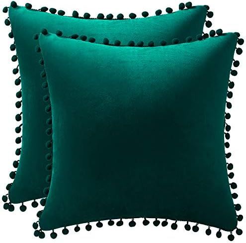 DEZENE Decorative Pillow Covers 18x18 Green: 2 Pack Cozy Soft Pom-poms Velvet Square Throw Pillow Ca | Amazon (US)